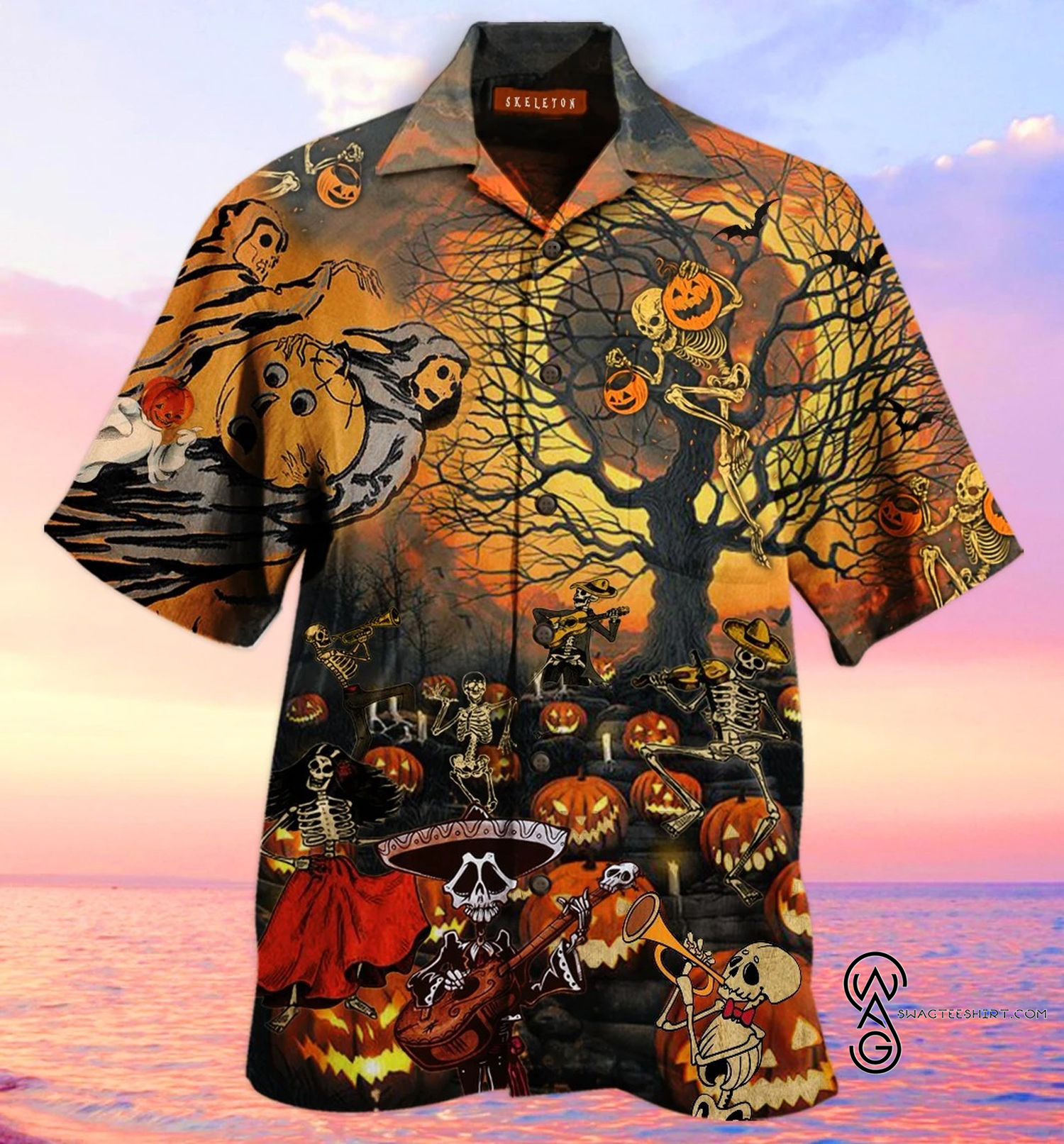 [Top Trending] Vintage Hawaiian Skull Guitar Halloween Shirt Funny Hawaiian Beach Gift Casual Shirt